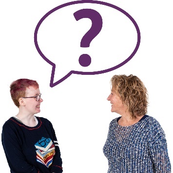 A participant and a worker having a conversation. Above the participant is a question mark in a speech bubble.