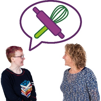 A participant and a worker having a conversation. Above the worker is a cooking icon in a speech bubble.