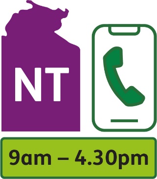 A map of the Northern Territory and a phone with a call icon on the screen. Below them is the time '9am to 4.30pm'.