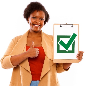 A person giving a thumbs up and holding a document with a tick on it.