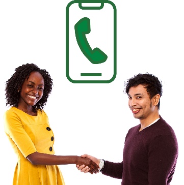 A participant and a support worker shaking hands. Above them is a phone with a call icon on the screen.