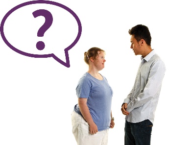 A participant and a support worker having a conversation. Above the participant is a question mark in a speech bubble.