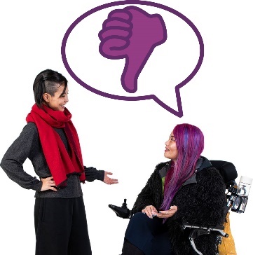 A participant and a support worker having a conversation. Above the participant is a speech bubble with a thumbs icon inside it.