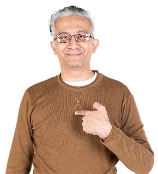 A person smiling and pointing at themselves.