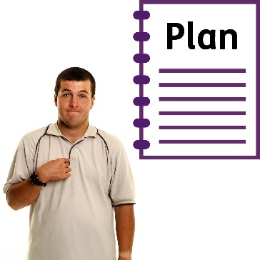 A participant pointing at themselves next to a document that says 'Plan'.