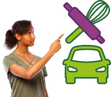 A participant making a choice between 2 supports. There are a cooking icon and a car. They are pointing at the cooking icon.