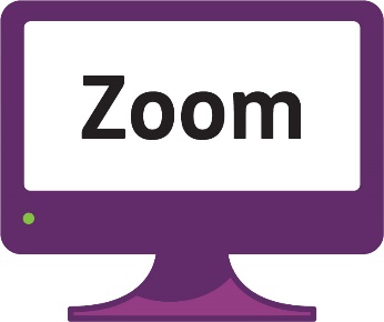 A computer with the word 'Zoom' on the screen.