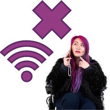 A Wi-Fi icon and a cross next to a participant having a phone call.