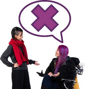 A participant and a worker having a conversation. Above the participant is a cross in a speech bubble.