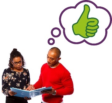 2 people looking at a document together. Above them is a thumbs up in a thought bubble.