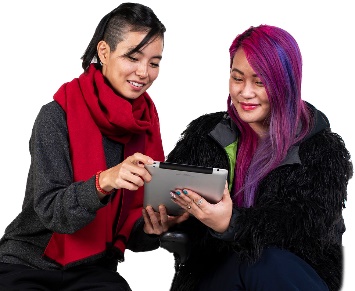 A participant and a worker using an iPad together.