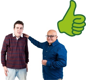 A worker supporting a participant and a thumbs up.