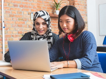 A participant and a worker using a laptop together.