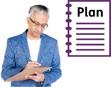 A document that says 'Plan' and a person writing on a document.