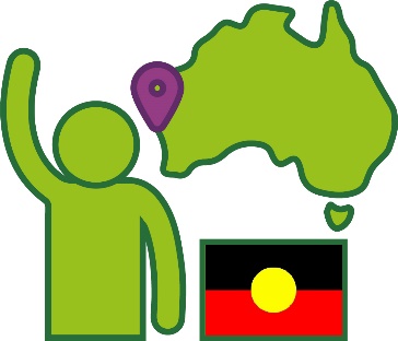 Maya with her hand raised. Next to her is the Aboriginal flag and a map of Australia with a location icon on Perth.