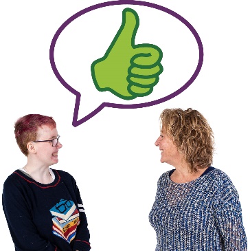 A participant and a worker having a conversation. Above the participant is a thumbs up in a speech bubble.