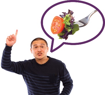 A participant with their hand raised. Above them is a salad on a fork in a speech bubble.