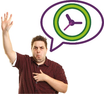 A participant looking upset with their their hand raised, looking upset. Above them is a clock in a speech bubble.