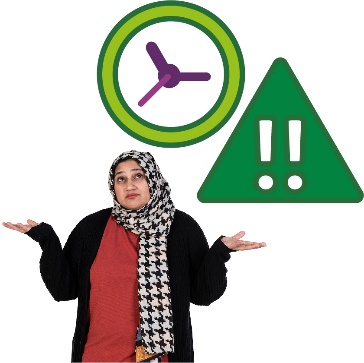A participant shrugging, a clock and an emergency icon.