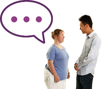 A participant and a worker having a conversation. Above the participant is a question mark in a speech bubble.