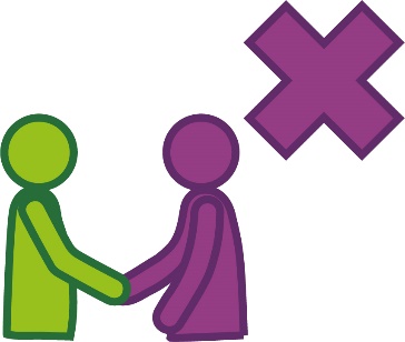 A participant and a worker shaking hands and a cross.