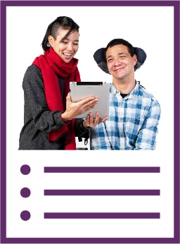 A document with a list on it. Above the list is a participant and a worker smiling and using an iPad together.