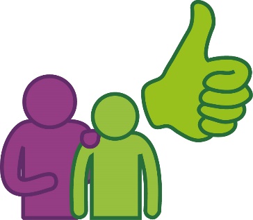 A worker supporting a participant and a thumbs up.