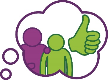 A thought bubble. Inside the thought bubble is a worker supporting a participant and a thumbs up.