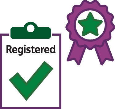 A document called 'Registered' with a tick on it next to a badge with a star on it.