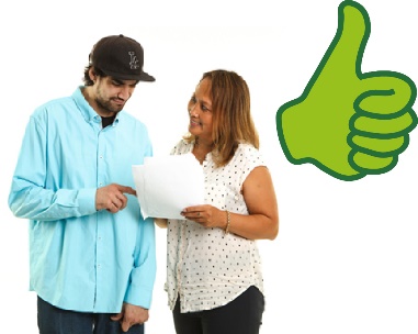 2 people looking at a document and a thumbs up icon.