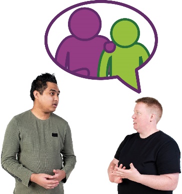 2 people having a conversation and a speech bubble. Inside the speech bubble is a support icon. 