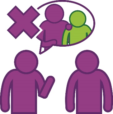 2 people having a conversation. There is a speech bubble above one person with a support icon and a cross inside it.