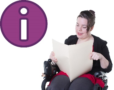 A participant in a wheelchair looking at a document. Next to them is an information icon.