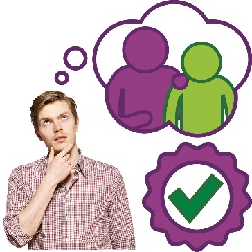 A person with a thought bubble and a good quality icon. Inside the thought bubble is a support icon.