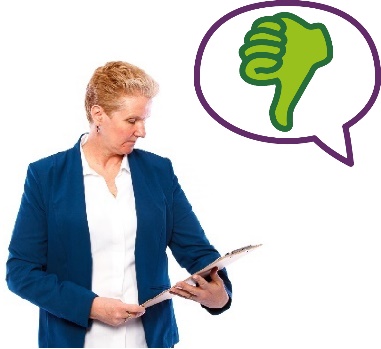 A person looking at a clipboard. Next to them is a complaint icon - a speech bubble with a thumbs down inside it.