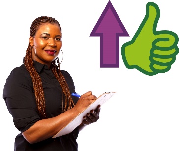 A person writing on a document. Next to them is a thumbs up with an arrow pointing up.