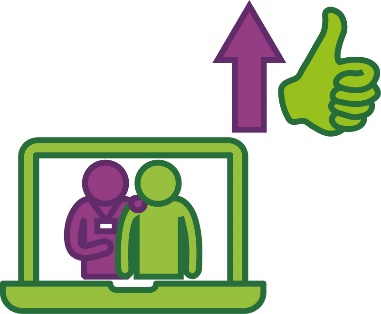 A laptop with a provider supporting a participant on the screen. Above the laptop is a thumbs up with an arrow pointing up.