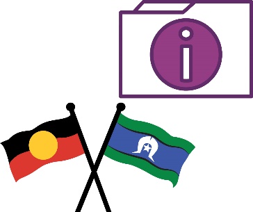 A folder with an information icon on it. Next to the folder is the Aboriginal and Torres Strait Islander flags.