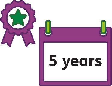 A badge with a star on it and a calendar that says '5 years'. 