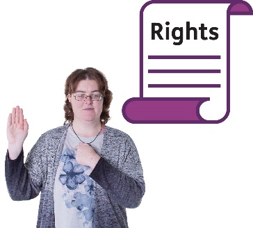 A person raising their hand and pointing at themselves. Beside them is a rights document.