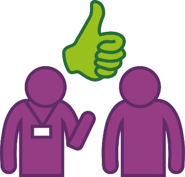 A worker supporting another person. Above them is a thumbs up icon.