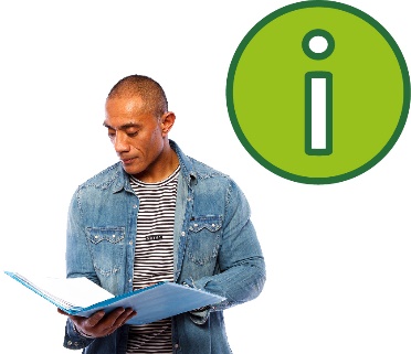 A person reading a document and an information icon.