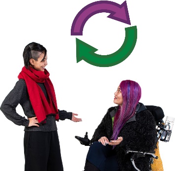 A person having a conversation with someone in a wheelchair and a change icon.