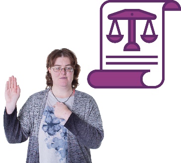 A person pointing to themself with their other hand raised. Next to them is a law document with a scales of justice on it.