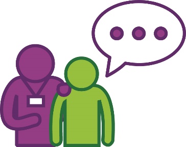 A provider supporting a participant. The participant has a speech bubble with 3 dots in it.