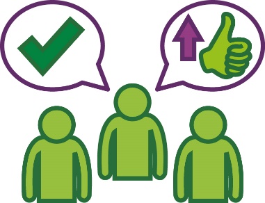 A group of people with 2 speech bubbles. The first bubble has a tick in it, and the second bubble has a make better icon.