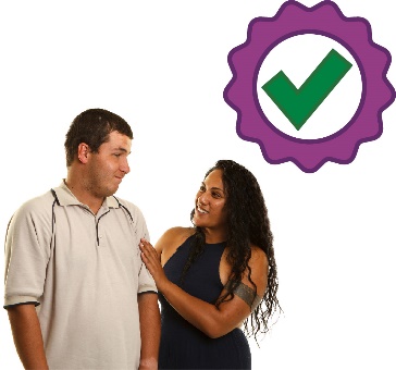 A person supporting someone. Next to them is a badge showing good quality.