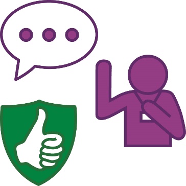 A speech bubble with 3 dots in it, a worker pointing to themself with their other hand raised, and a safety icon.