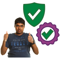 An NDIS participant giving 2 thumbs up, next to a safety icon of a shield, and quality icon of a badge with a tick on it.