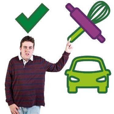 A tick above a person, who is choosing cooking utensils over a car.